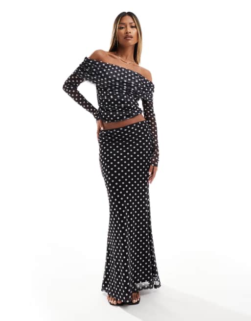 ASOS DESIGN co-ord mesh fishtail maxi skirt in polka dot