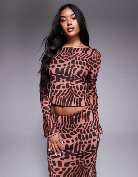 ASOS DESIGN co-ord mesh flare sleeve top in animal print - view 1
