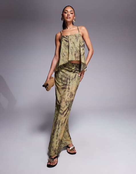 ASOS DESIGN co-ord mesh floaty tie back top and maxi skirt in green animal print - view 1