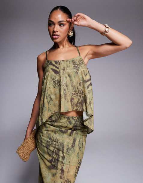 ASOS DESIGN co-ord mesh floaty tie back top in green animal print - view 1