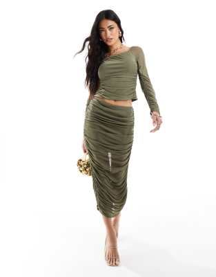 ASOS DESIGN co-ord mesh long sleeve ruched one shoulder top and maxi ...