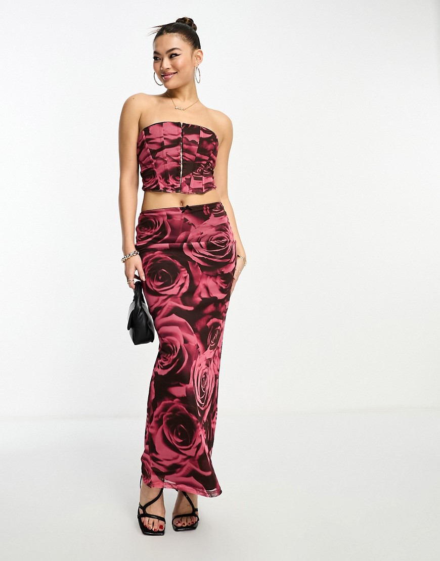 ASOS DESIGN co-ord mesh low rise midi skirt in rose print-Multi