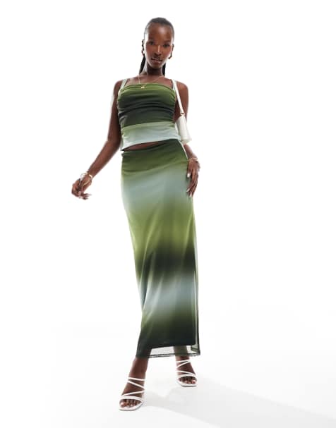 ASOS DESIGN co-ord mesh maxi skirt in green ombre print - view 1