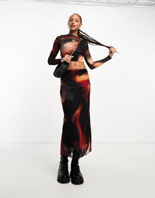 ASOS DESIGN co-ord mesh maxi skirt in print in flame print