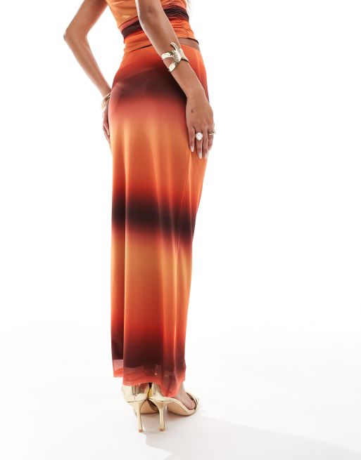 ASOS DESIGN co-ord mesh maxi skirt in sunset ombre print, 4 of 5