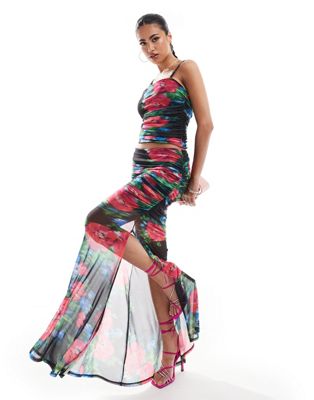 ASOS DESIGN co-ord mesh maxi skirt with side split in floral print | ASOS