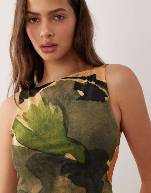 ASOS DESIGN Co-ord Mesh-Oberteil mit U-Boot-Ausschnitt und abstraktem Print in Khaki, 2 von 4