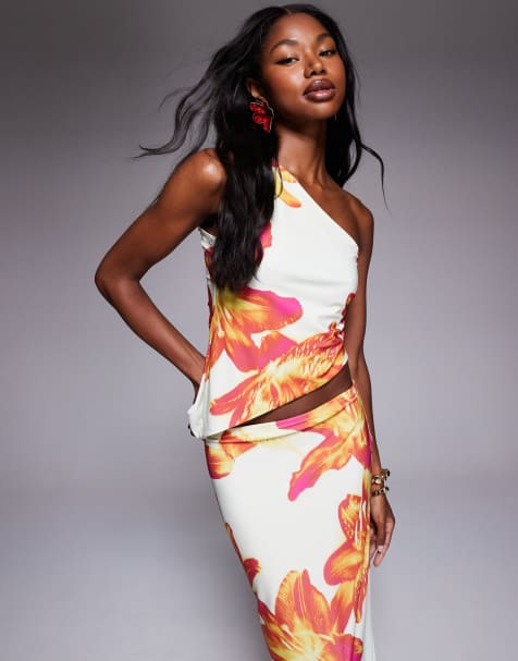 ASOS DESIGN co-ord mesh one shoulder asymmetric top in floral print