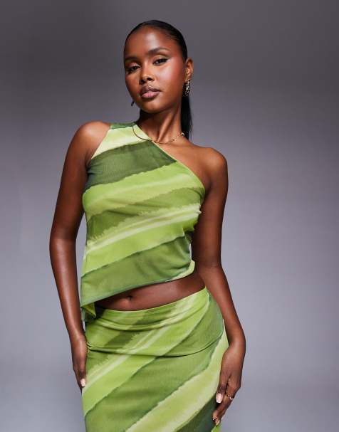 ASOS DESIGN co-ord mesh one shoulder asymmetric top in green abstract print - view 1