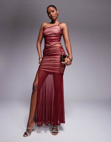 ASOS DESIGN co-ord mesh one shoulder strappy top and maxi skirt in deep red - view 1