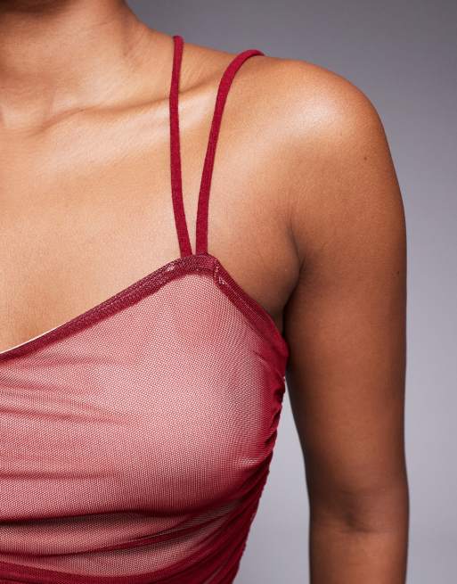 ASOS DESIGN co-ord mesh one shoulder strappy top in deep red, 2 of 4