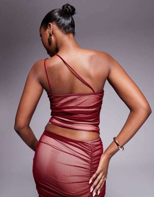 ASOS DESIGN co-ord mesh one shoulder strappy top in deep red, 3 of 4