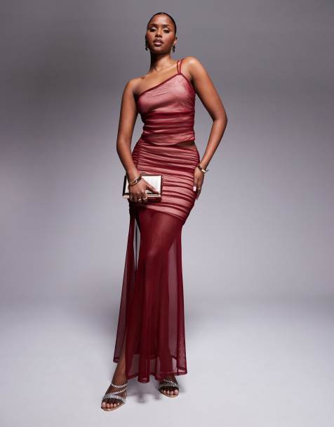 ASOS DESIGN co-ord mesh ruched maxi skirt with split detail in deep red - view 1