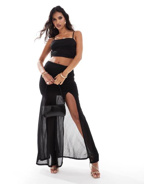 ASOS DESIGN co-ord mesh ruched maxi skirt with split in black - view 1