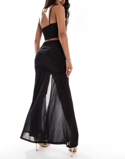 ASOS DESIGN co-ord mesh ruched maxi skirt with split in black, 3 of 5