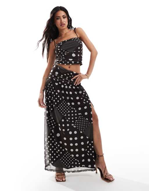 ASOS DESIGN co ord mesh ruched side drop waist maxi skirt with split front in brown polka dot