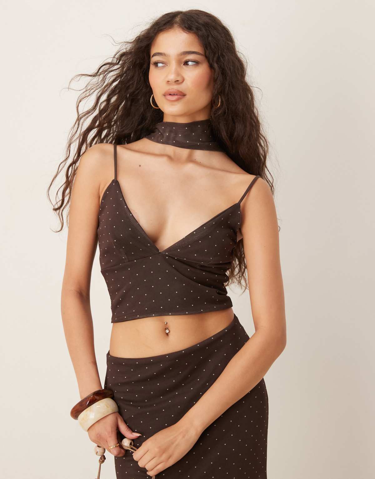 ASOS DESIGN co-ord mesh spot cami top with neck scarf in chocolate
