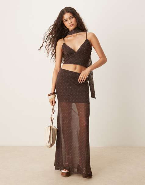 ASOS DESIGN co-ord mesh spot maxi skirt in chocolate - view 1