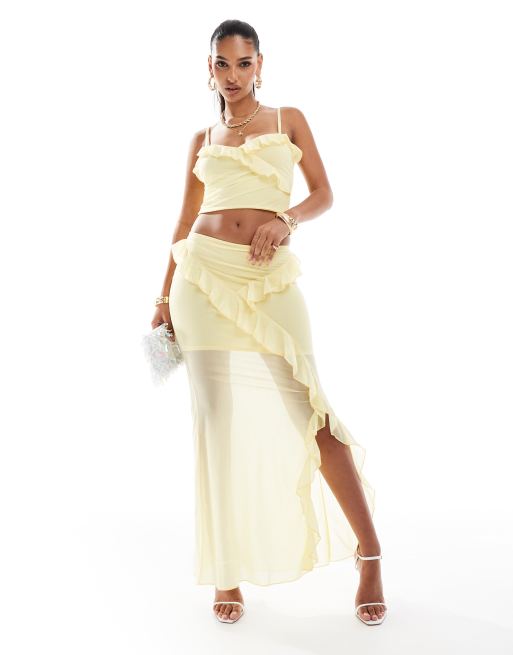 ASOS DESIGN co-ord mesh strappy ruffle cami top in pastel yellow