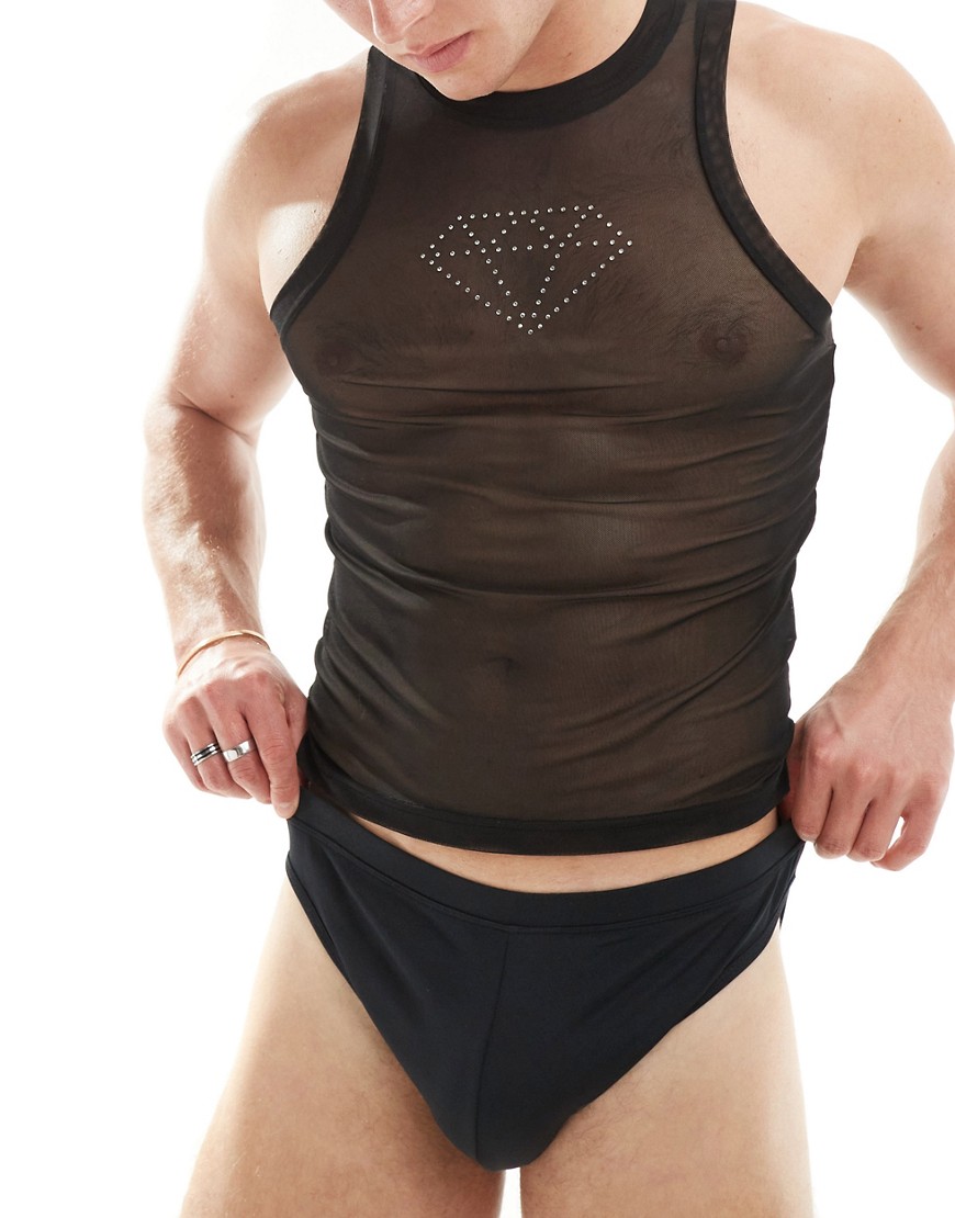 ASOS DESIGN co-ord mesh swim vest with diamante stars-Black