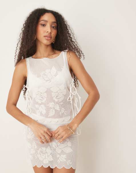 ASOS DESIGN co-ord mesh tie side top in white
