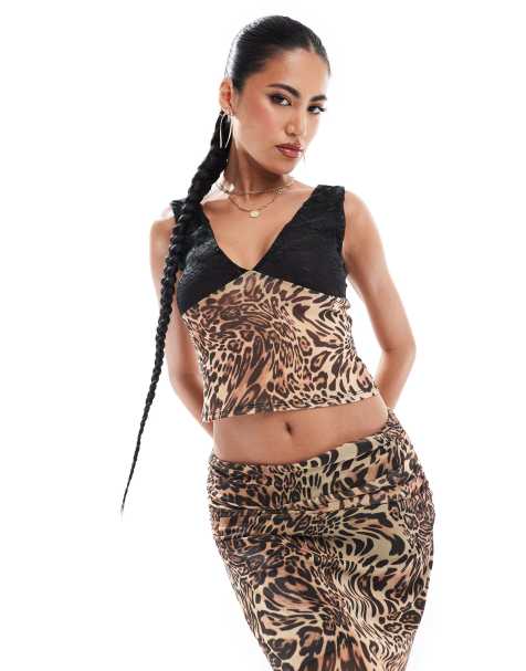 ASOS DESIGN co-ord mesh vest top with lace cup detail in leopard print - view 1