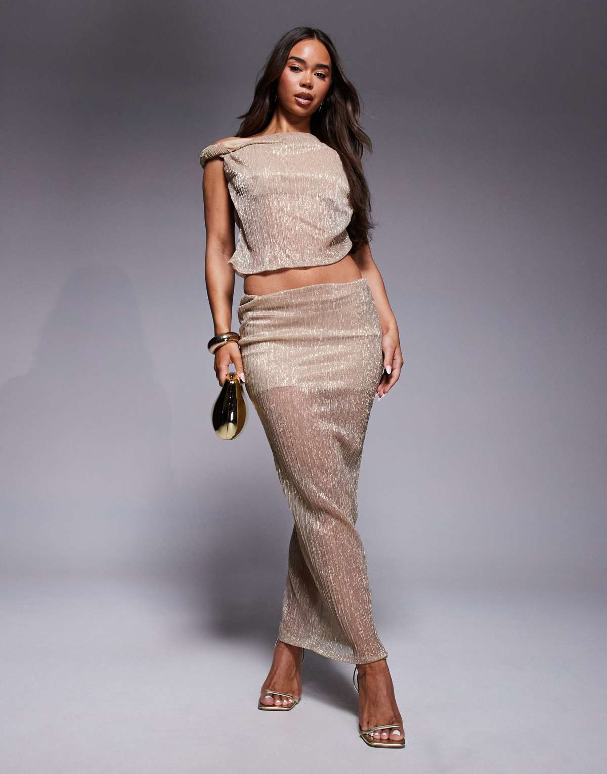 ASOS DESIGN co-ord metallic plisse twist maxi skirt in gold