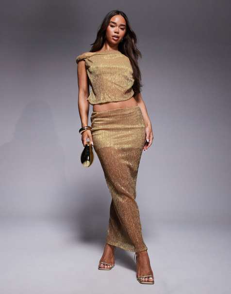 ASOS DESIGN co-ord metallic plisse twist maxi skirt in gold