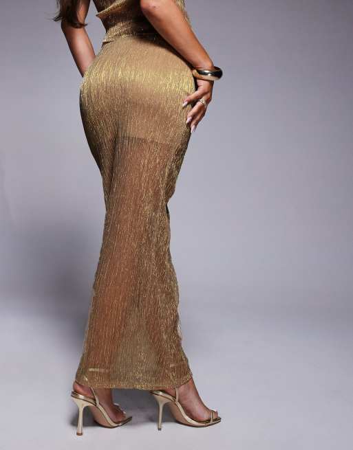 ASOS DESIGN co-ord metallic plisse twist maxi skirt in gold, 4 of 5