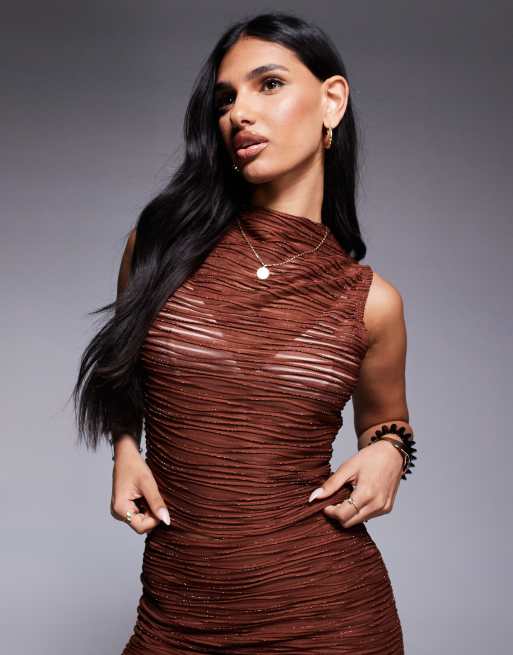 ASOS DESIGN co-ord metallic textured funnel neck top in chocolate