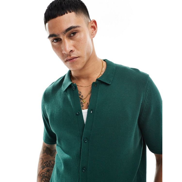 ASOS DESIGN co-ord midweight knitted cotton button through polo in green