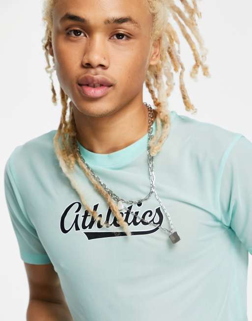 ASOS DESIGN co-ord muscle cropped t-shirt in blue mesh with varsity print