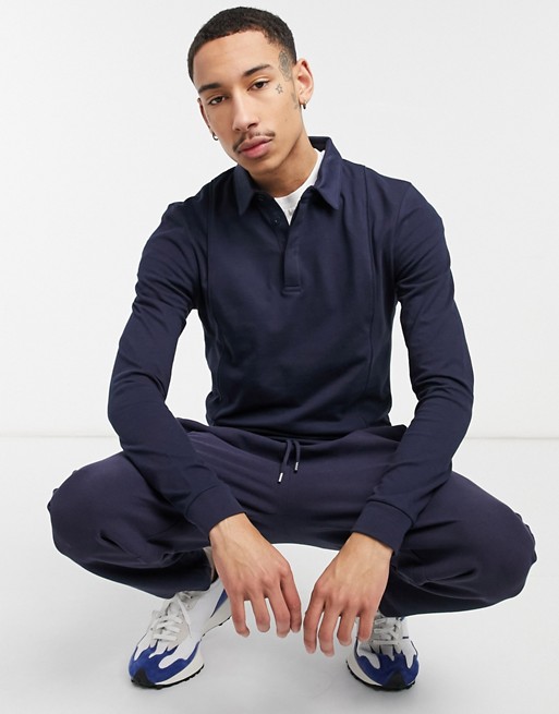 ASOS DESIGN co-ord muscle fit pique polo with piping detail in navy