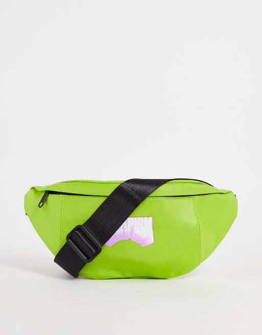 ASOS DESIGN co ord nylon bum bag in bright green with escapism