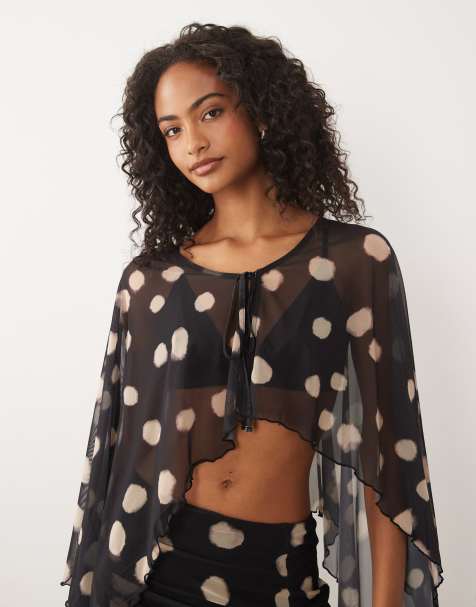 ASOS DESIGN Co-ord Oberteil aus Mesh mit Print, Cape und Bindung vorn im Monopunkt-Print - view 1