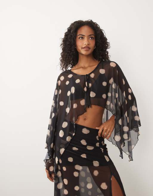ASOS DESIGN Co-ord Oberteil aus Mesh mit Print, Cape und Bindung vorn im Monopunkt-Print, 2 von 4