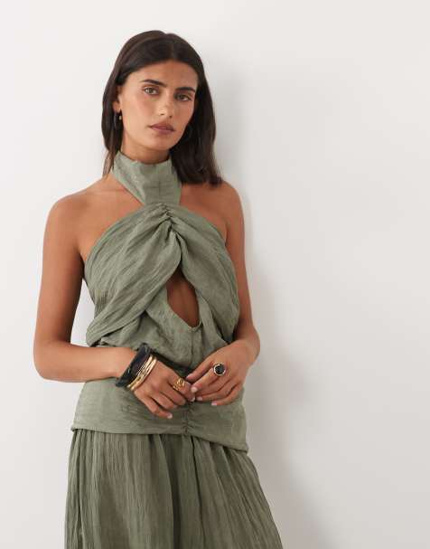 ASOS DESIGN Co-ord-Oberteil mit Crinkle-Schal-Detail in Khaki - view 1
