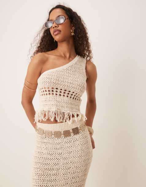 ASOS DESIGN co-ord one shoulder crochet stitch top in stone 