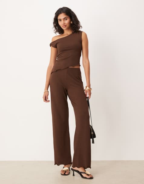 ASOS DESIGN co-ord one shoulder top and trousers in dark brown - view 1