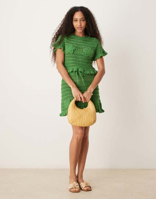 ASOS DESIGN co-ord open stitch mini skirt with crochet applique in khaki