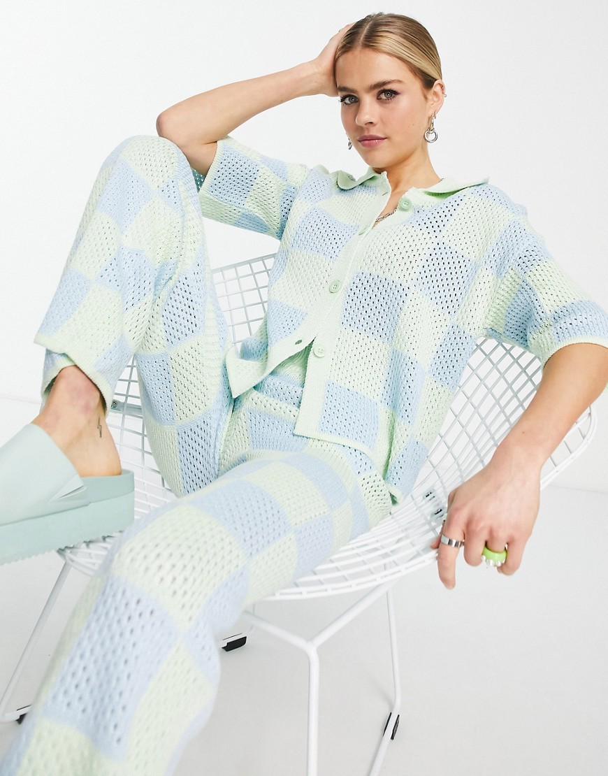 ASOS DESIGN co-ord open stitch shirt in checkerboard pattern-Multi