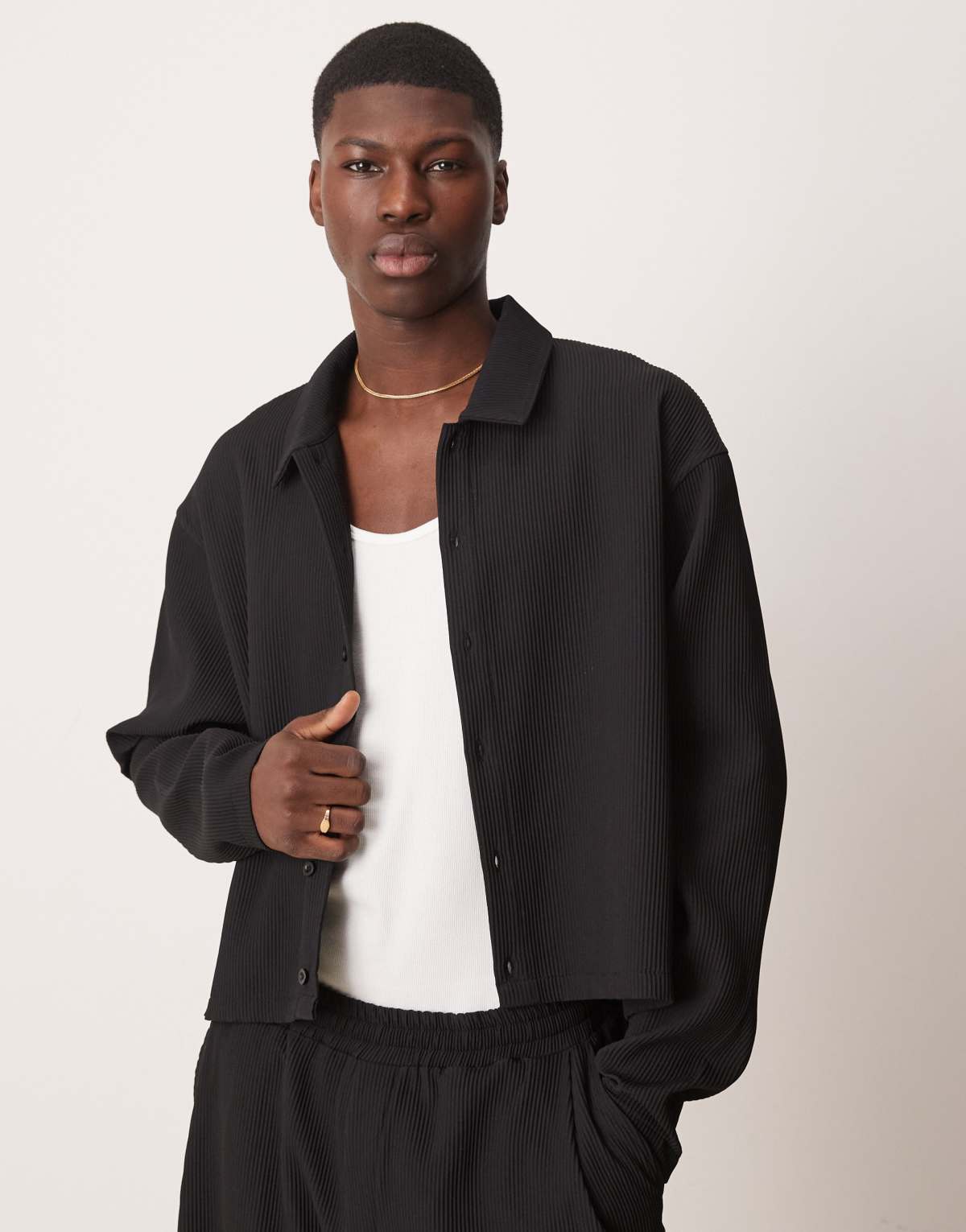 ASOS DESIGN co-ord oversize crop plisse shirt in black