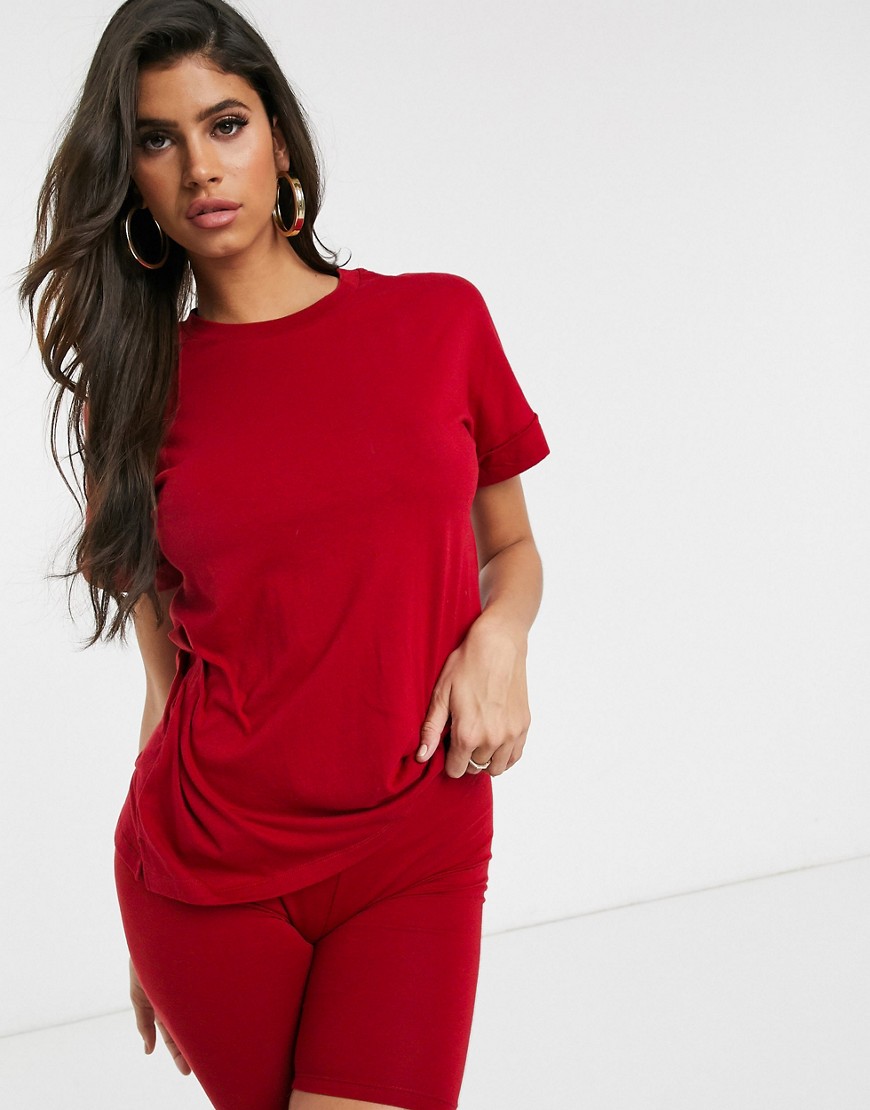 ASOS DESIGN co-ord oversized boyfriend t-shirt with roll sleeve in burgundy-Red