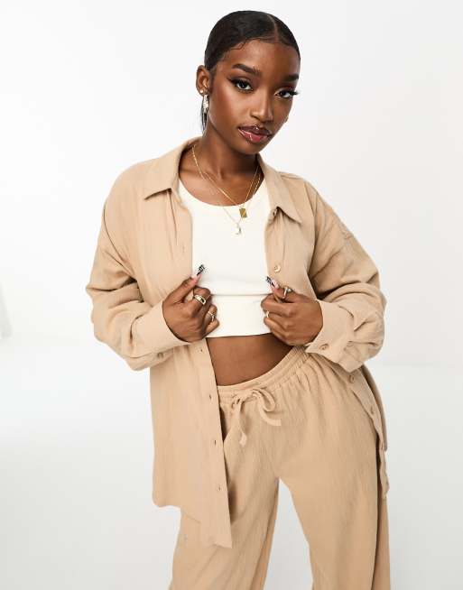 ASOS DESIGN co-ord oversized crinkle shirt and wide leg trouser in stone