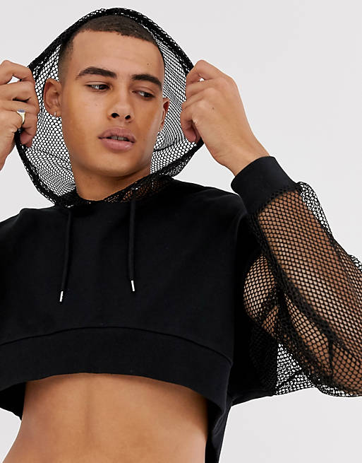 mindre to fjols ASOS DESIGN co-ord oversized cropped hoodie with mesh sleeve and hood in  black | ASOS