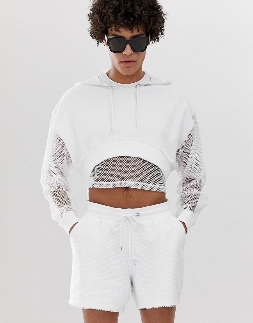 ASOS DESIGN co-ord oversized cropped hoodie with mesh sleeve and hood in white