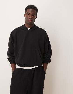 ASOS DESIGN co-ord oversized dropped shoulder cropped hoodie in heavyweight brushed rib in black - view 1