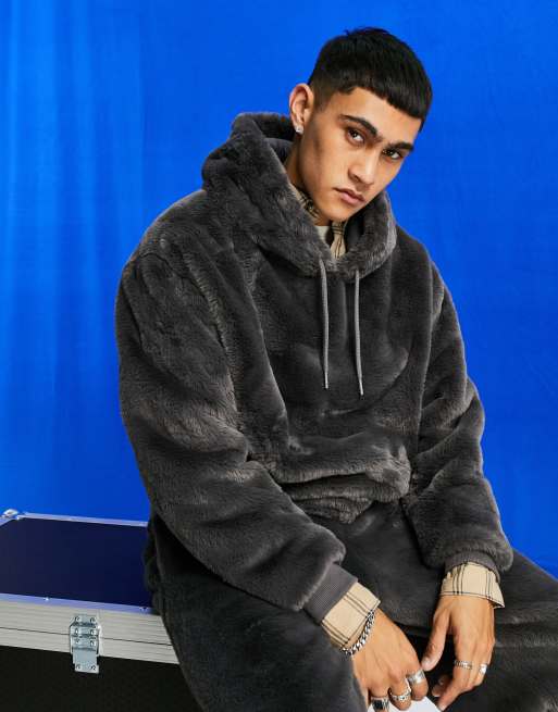 ASOS DESIGN co ord oversized faux fur hoodie in washed black