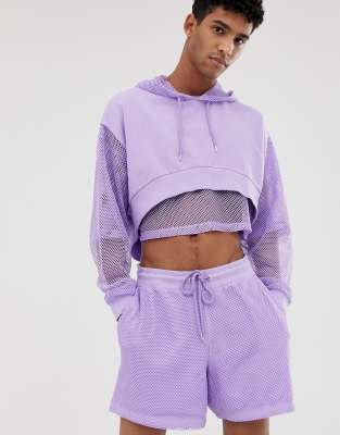 ASOS DESIGN co-ord oversized festival cropped hoodie with mesh sleeve and hood in purple