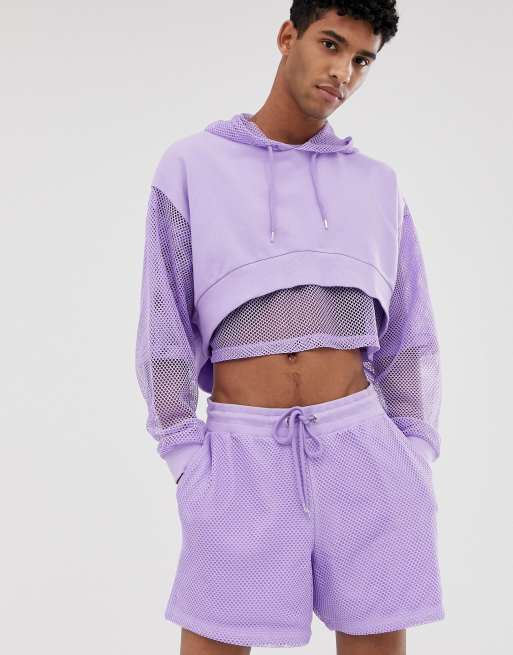 ASOS DESIGN co-ord oversized festival cropped hoodie with mesh sleeve and  hood in purple | ASOS